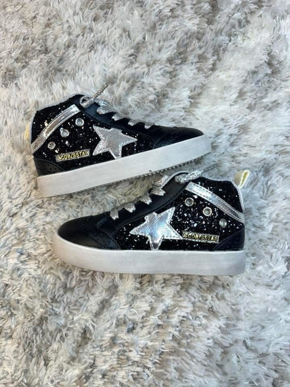 Kids Black Glitter High-Tops with Silver Star Accent